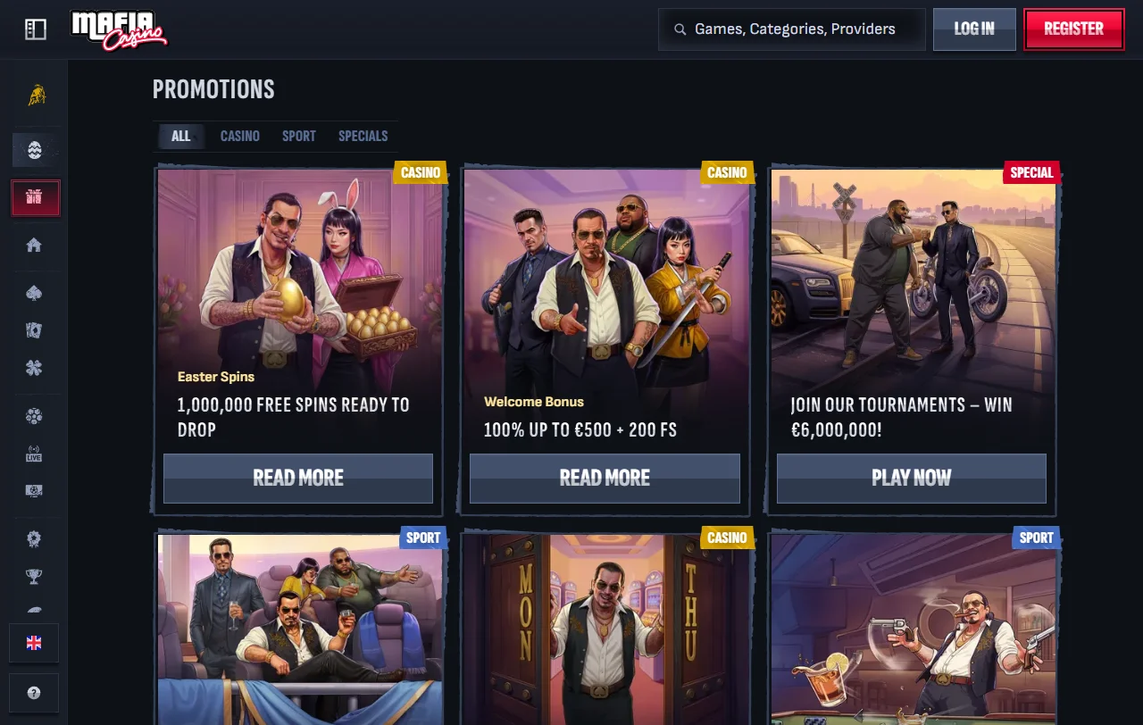 Bónus de boas-vindas do Mafia Casino de 100% até 500,00 € com free spins