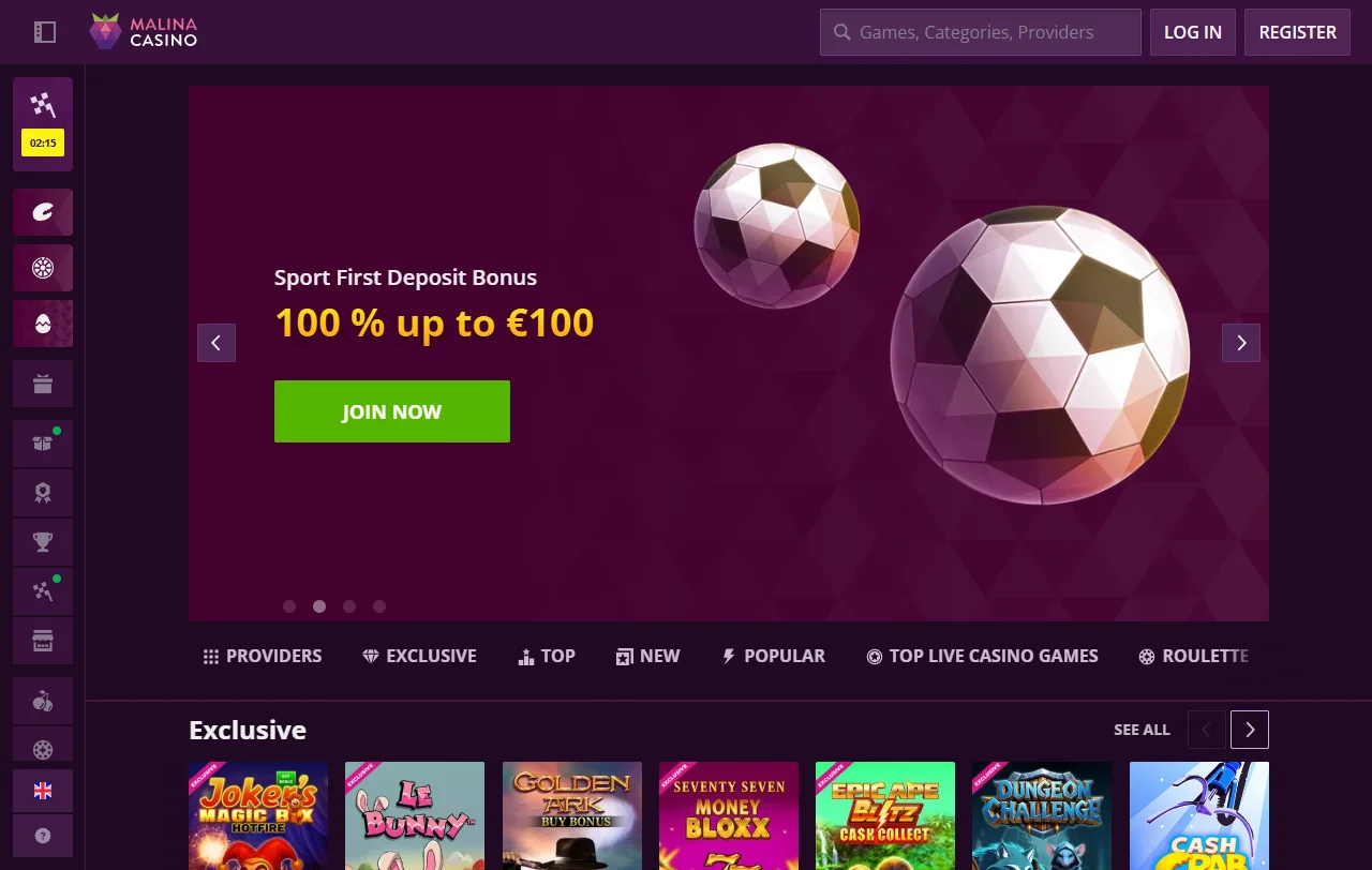 Lobby do Malina Casino com filtros por fornecedor e contagem de jogos