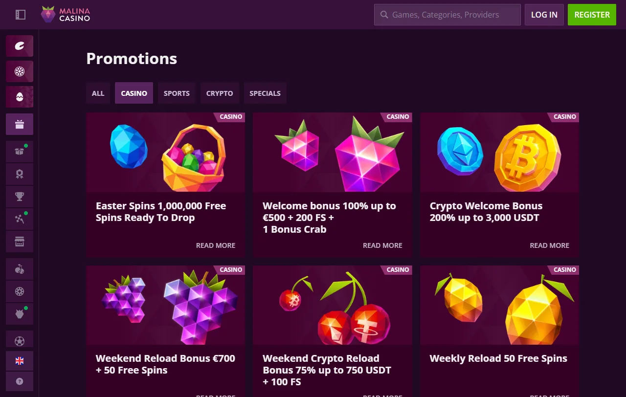 Slots e mesas ao vivo do Malina Casino de Evolution e Pragmatic Play