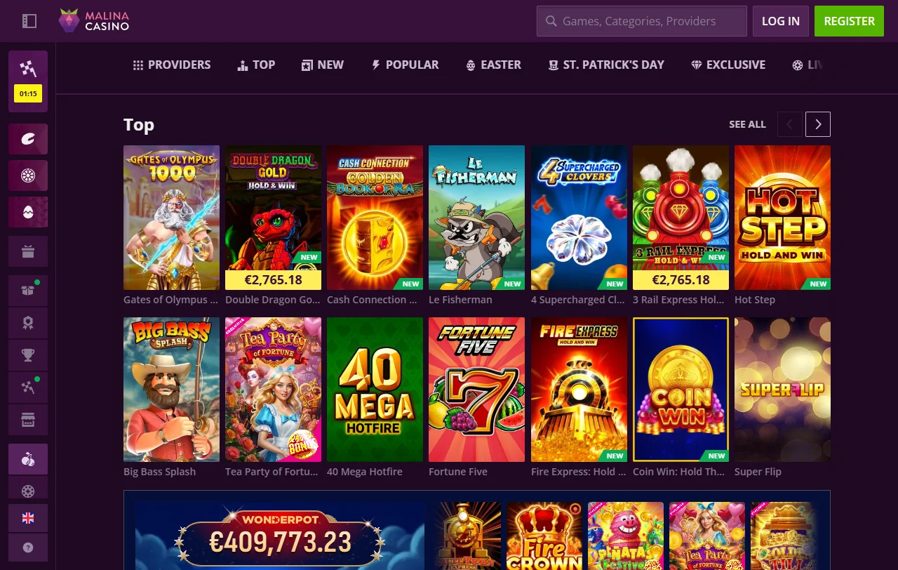 Bónus de boas-vindas do Malina Casino de 100% até 500€ e 200 free spins