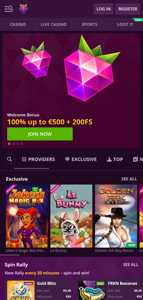 Malina Casino no navegador móvel com menu inferior fixo e pesquisa