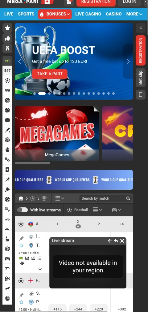 Versão móvel do Megapari com o lobby de jogos adaptado ao ecrã pequeno
