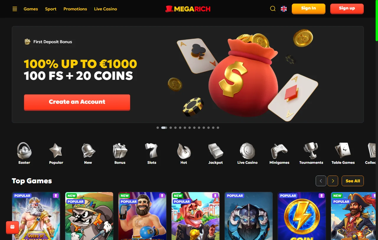 Página inicial do Megarich Casino com o catálogo organizado por categorias de jogo