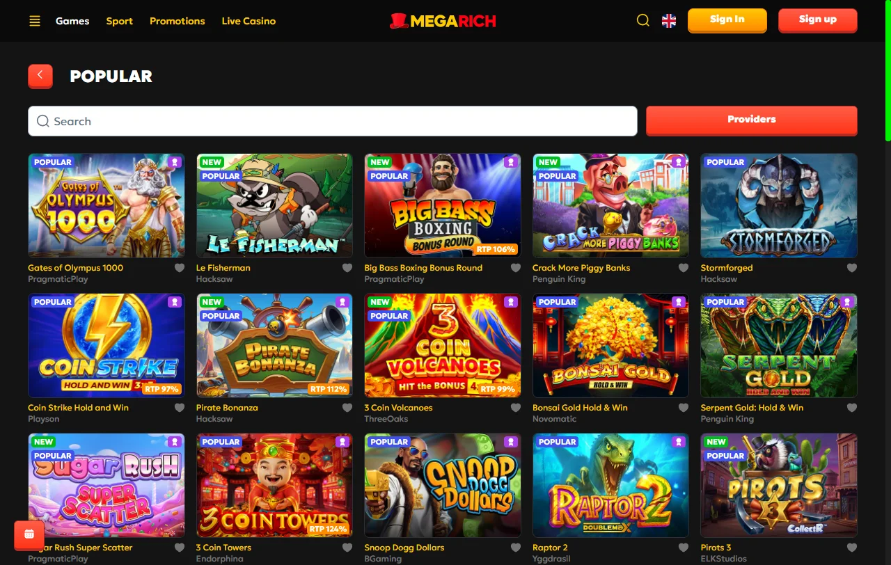 Biblioteca de slots do Megarich Casino com títulos da Pragmatic Play e da Hacksaw