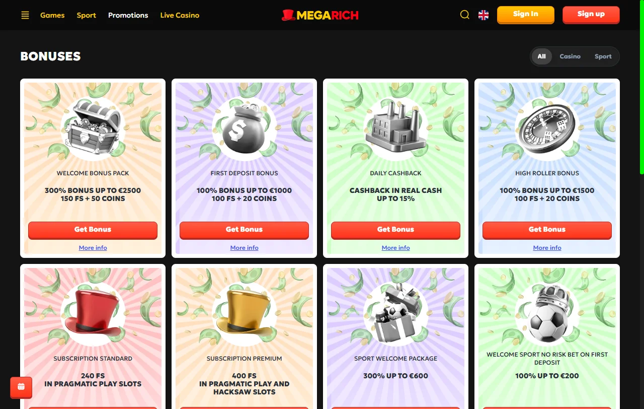 Página de bónus do Megarich Casino com os três depósitos do pacote de boas-vindas
