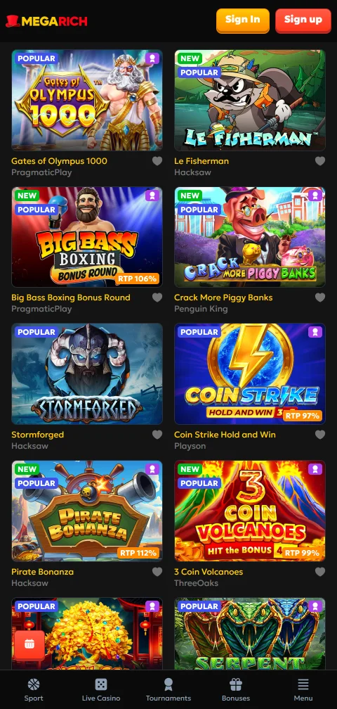 Caixa de pagamentos do Megarich Casino com cartões, carteiras eletrónicas e criptomoedas