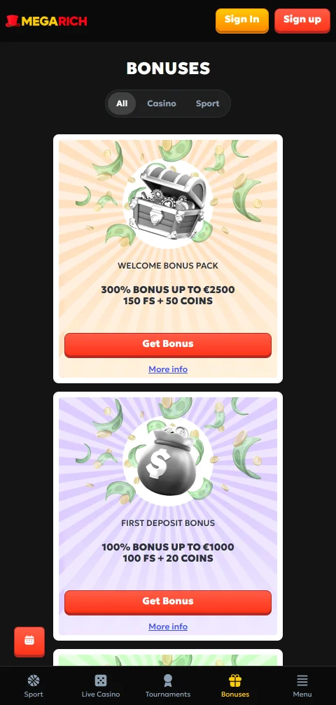 Informação de licenciamento e jogo responsável do Megarich Casino no rodapé do site