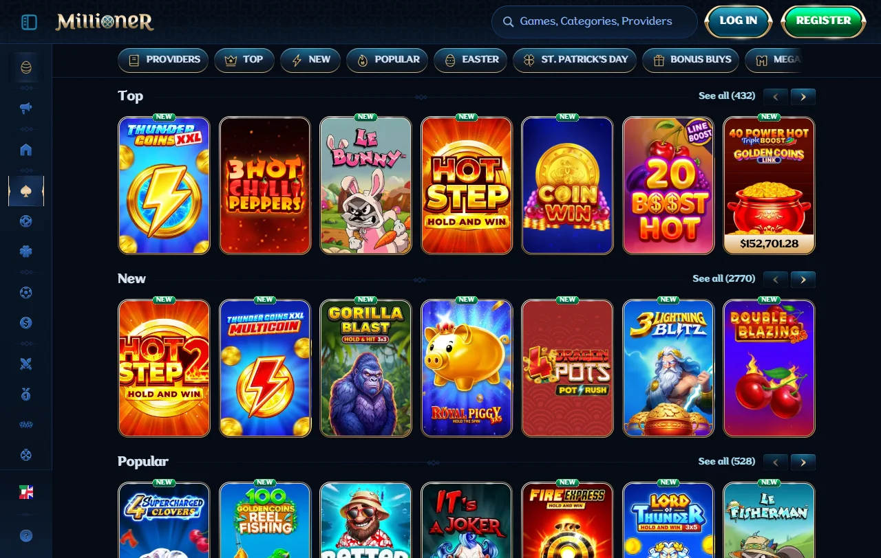 Catálogo de slots do Millioner com filtro por fornecedor e estúdios ligados