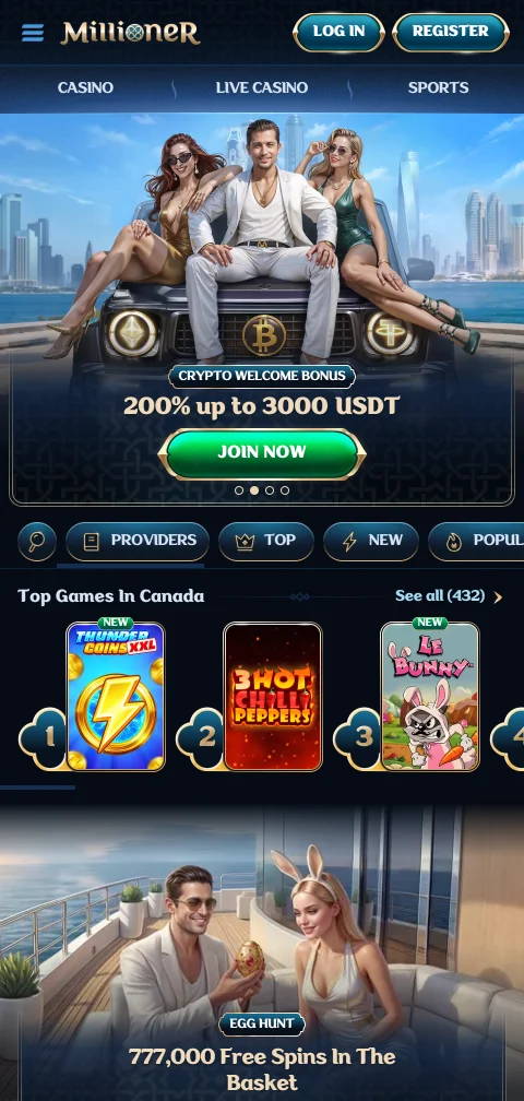 Lobby do Millioner em ecrã de telemóvel com menu de categorias recolhido