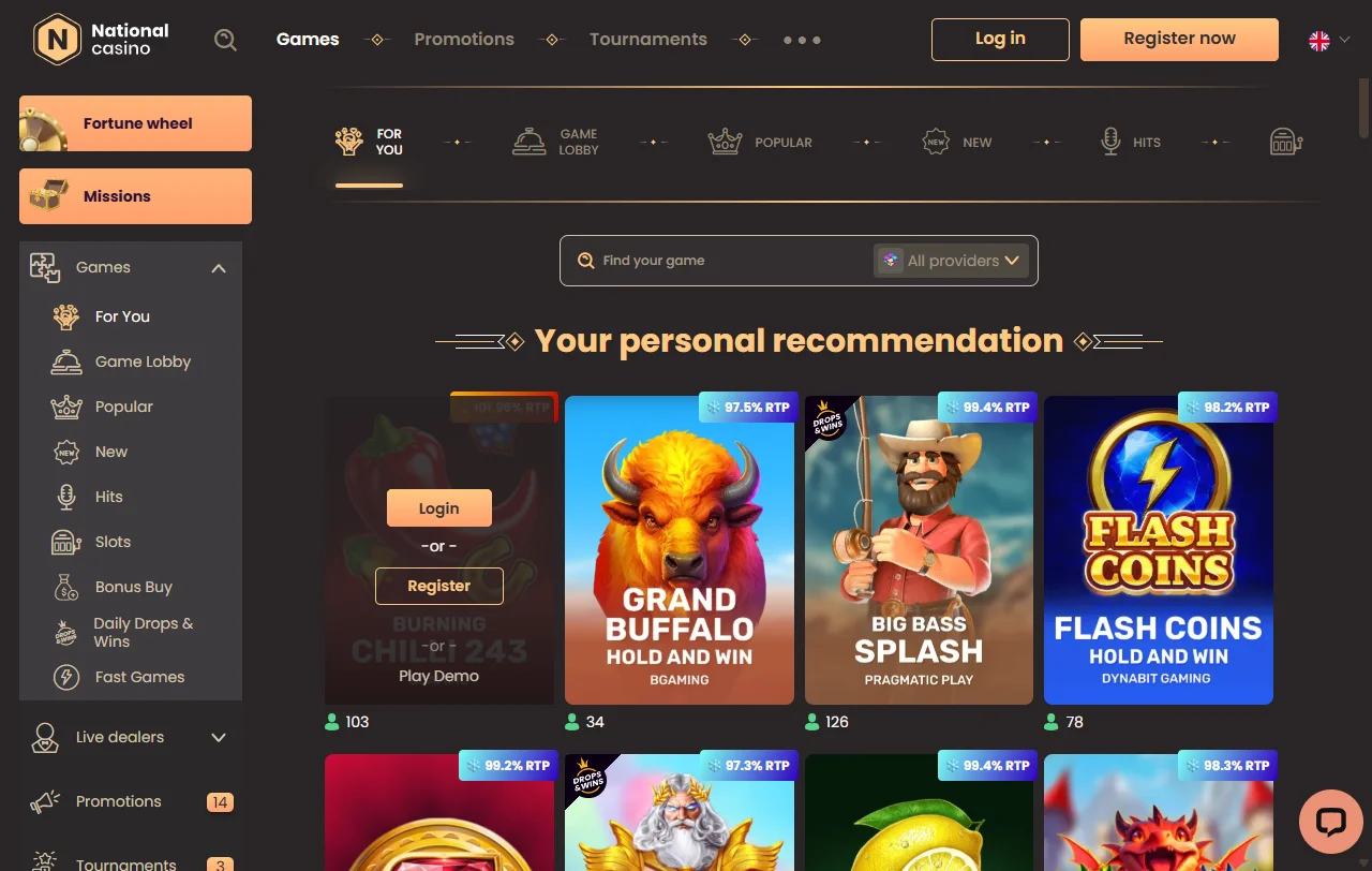 Catálogo do National Casino com slots da Pragmatic Play e mesas da Evolution