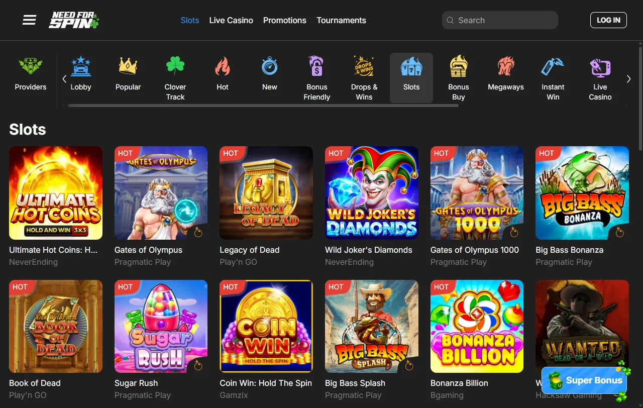 Catálogo de slots e mesas do Need for Spin com estúdios como Pragmatic Play