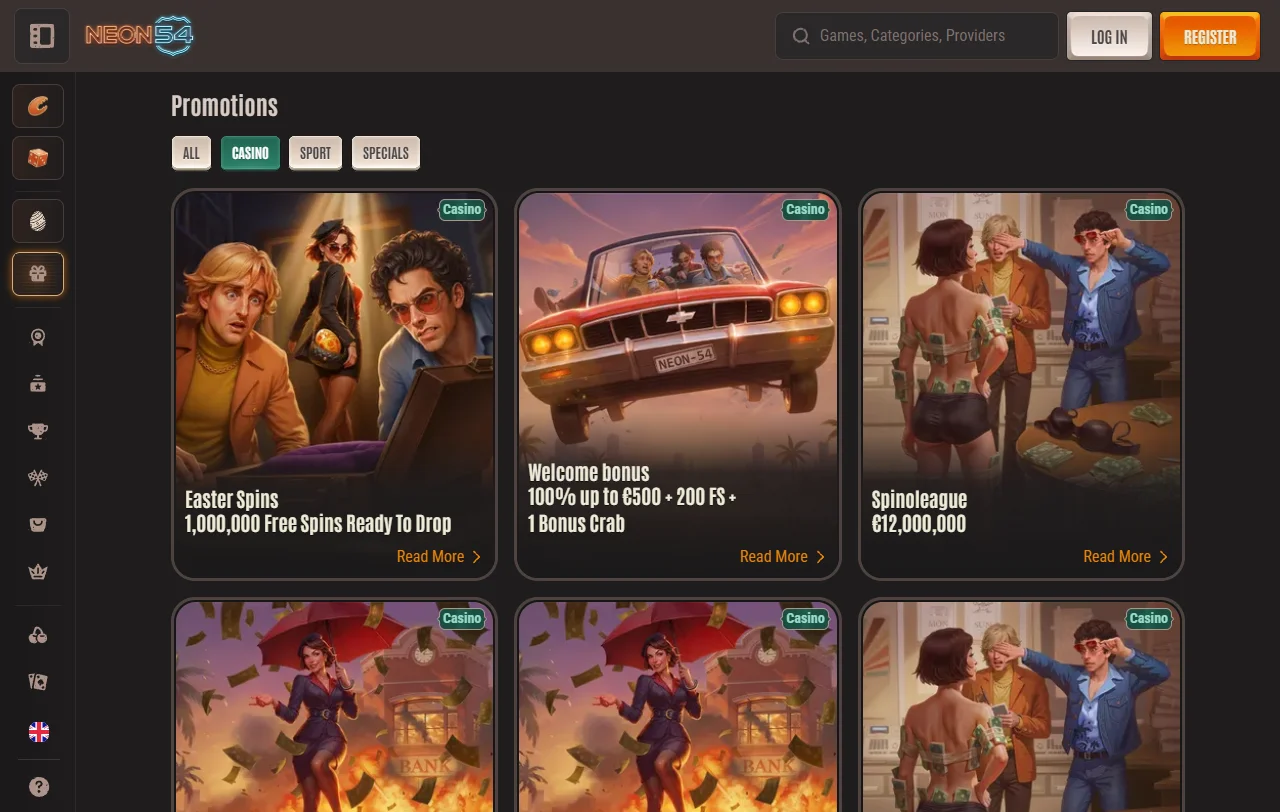 Catálogo de slots e mesas do Neon54 Casino com Pragmatic Play e Hacksaw Gaming