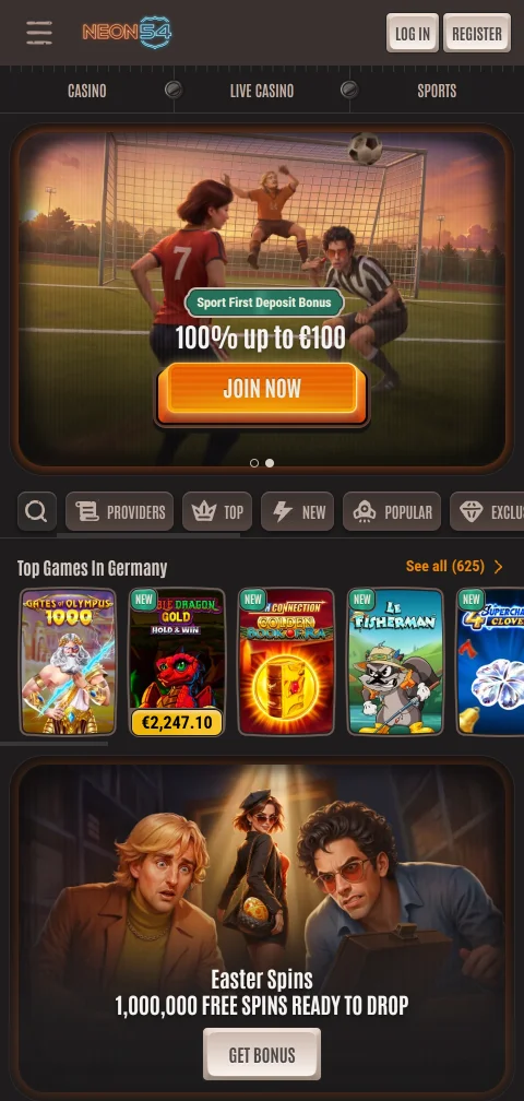 Neon54 Casino acedido pelo navegador móvel, sem aplicação nativa Android ou iOS