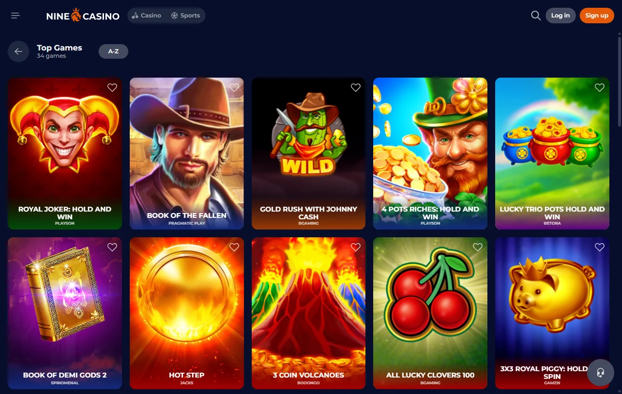 Catálogo do Nine Casino com mais de 3.000 títulos e 87 mesas ao vivo