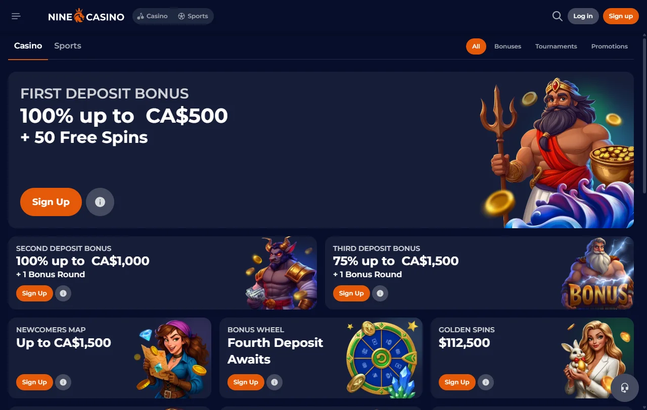 Pacote de boas-vindas do Nine Casino até 1.500 € com wagering de 40x