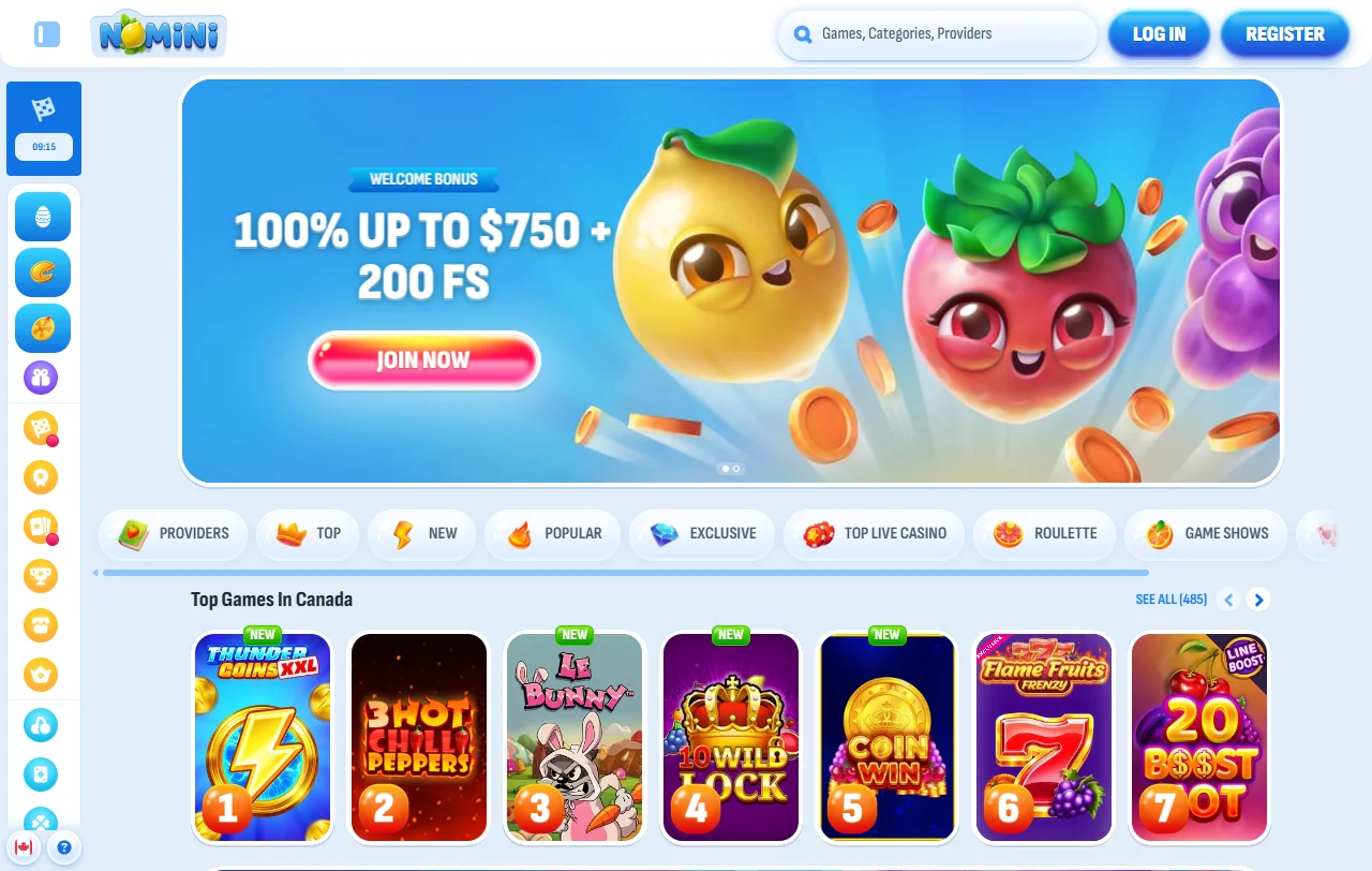 Página inicial do Nomini Casino com estrutura de navegação e oferta principal