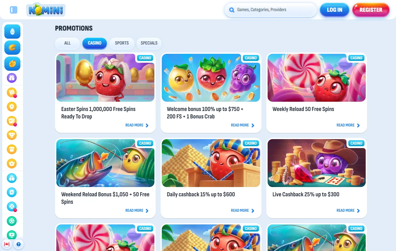 Catálogo de slots do Nomini Casino com filtros por estúdio e categoria