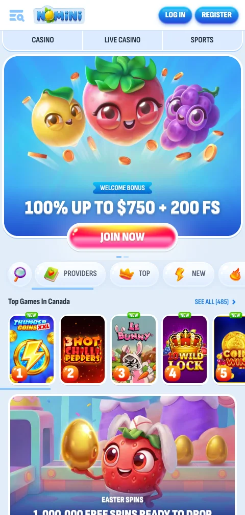 Versão móvel do Nomini Casino adaptada ao browser do telemóvel