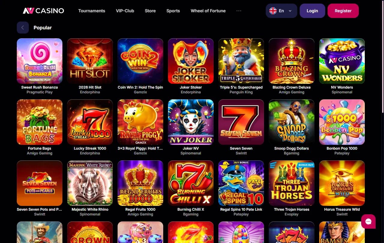 Catálogo de slots do NV Casino com Pragmatic Play, Hacksaw e Nolimit City