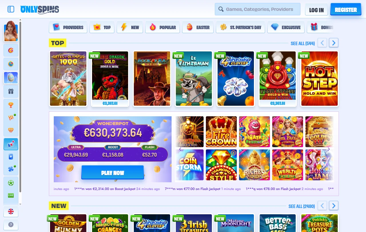 Bónus de boas-vindas do OnlySpins de 100% até 500 € com wagering 35x