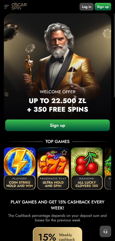 Oscarspin Casino no navegador do telemóvel, com lobby em coluna única