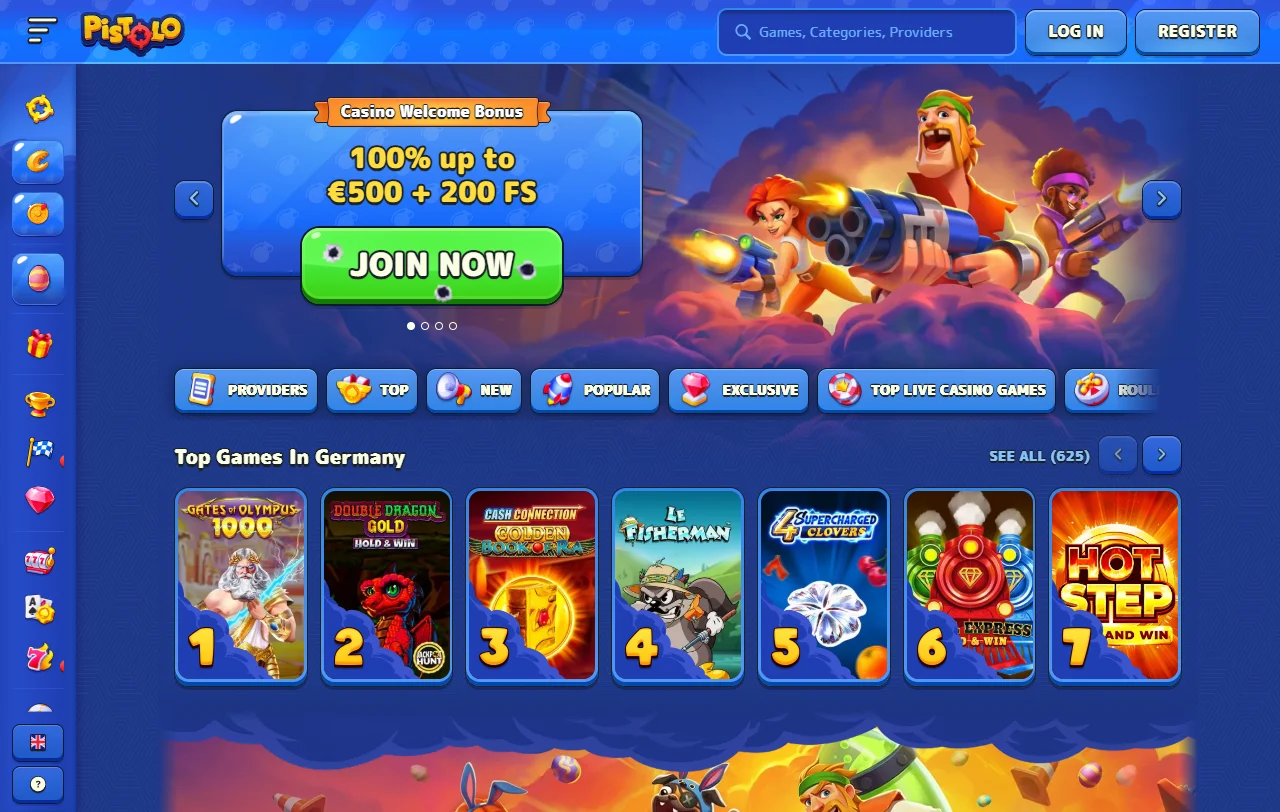 Visão geral do Pistolo Casino com catálogo de cerca de 13 000 jogos