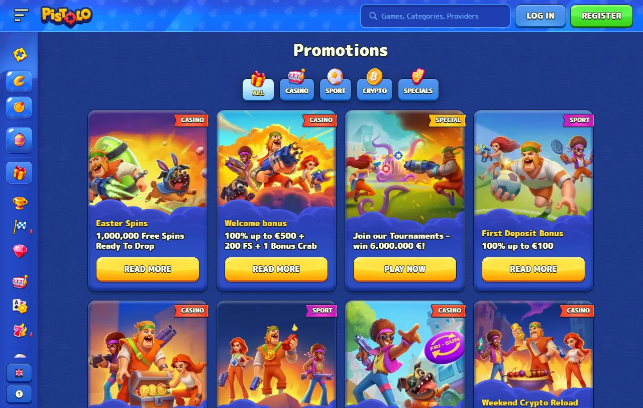Secção de slots e mesas em direto do Pistolo Casino por fornecedor