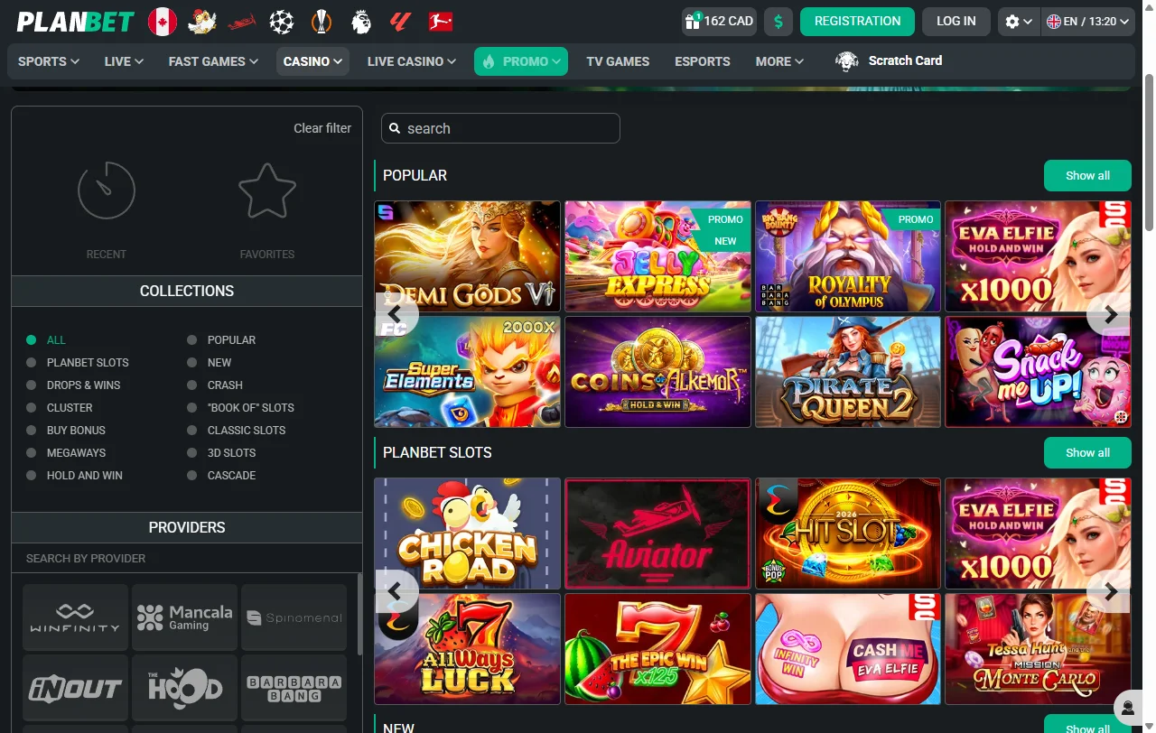 Catálogo do PlanBet Casino com slots da BGaming, Hacksaw Gaming e Red Tiger