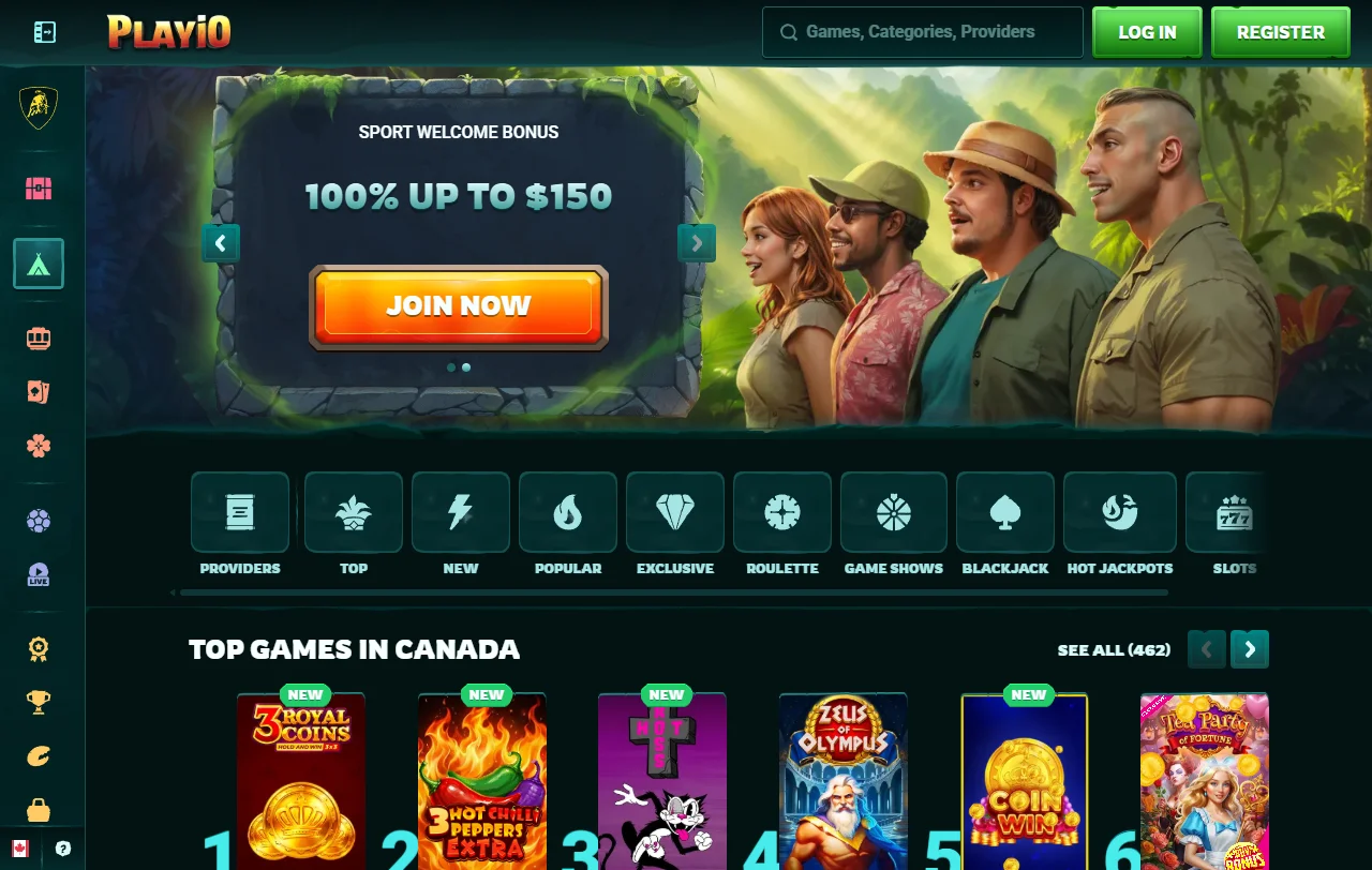 Playio Casino com lobby de slots, apostas desportivas e secção ao vivo