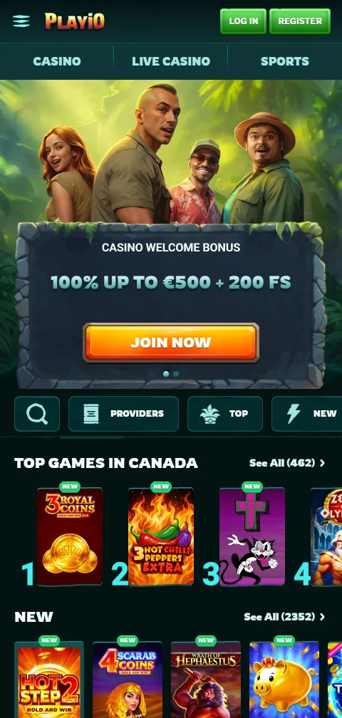 Playio Casino em navegador móvel, com catálogo adaptado a ecrã vertical