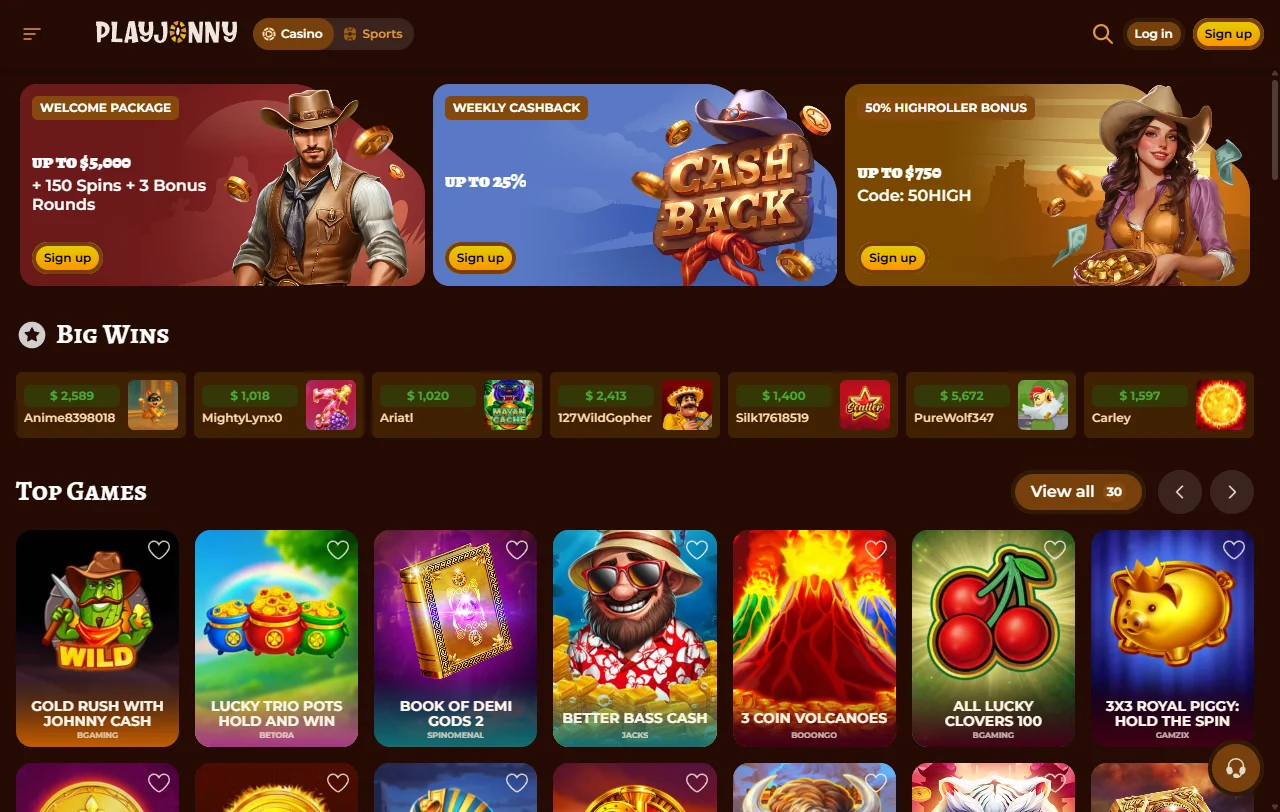 Página inicial do PlayJonny Casino com catálogo de mais de 6.000 jogos