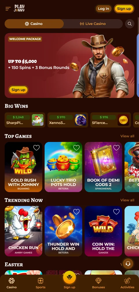 PlayJonny Casino no navegador do telemóvel com filtros por fornecedor