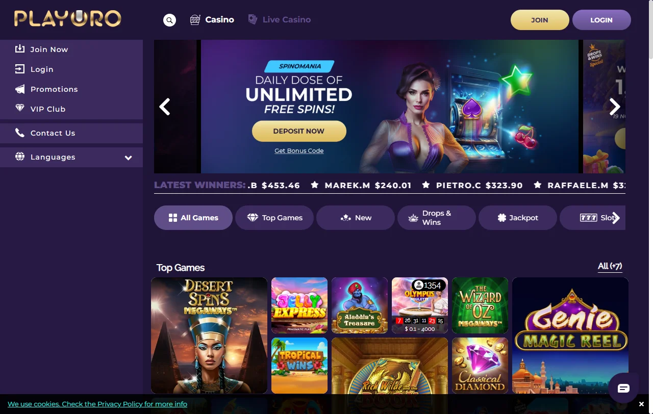 Página inicial do Playoro Casino com acesso ao catálogo e ao registo