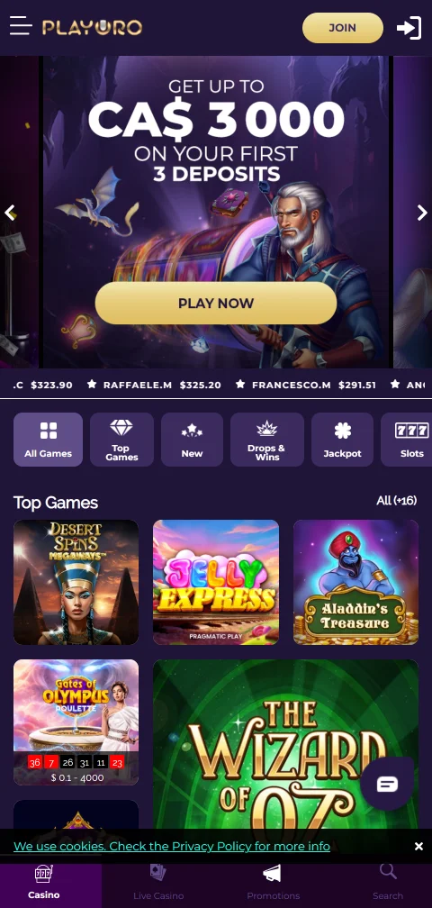 Playoro Casino em ecrã de telemóvel com lobby em HTML5