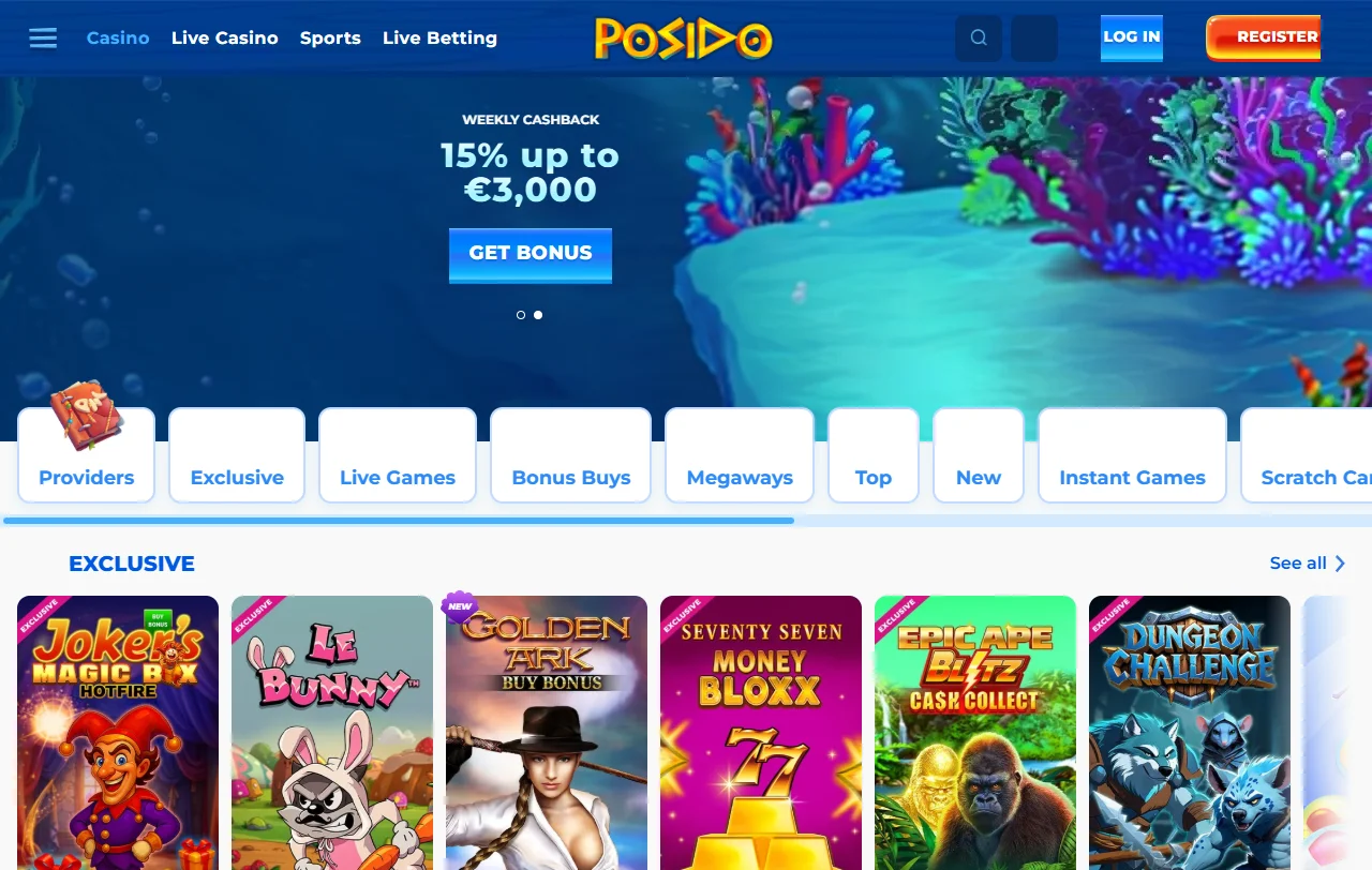 Catálogo do Posido Casino com slots e mesas ao vivo de vários estúdios