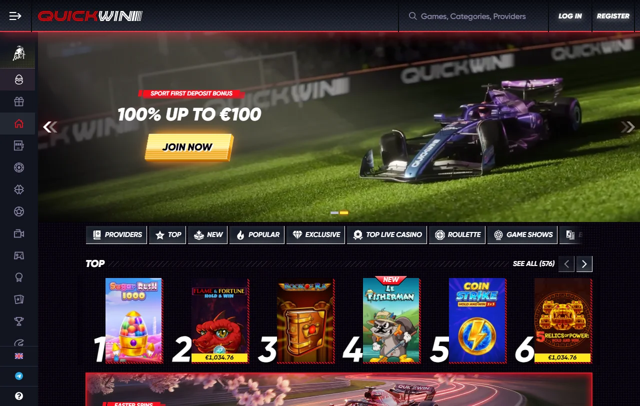 Página inicial do QuickWin Casino com o catálogo em euros para Portugal