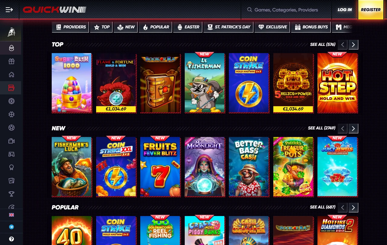Lobby de slots do QuickWin Casino com Pragmatic Play e Relax Gaming