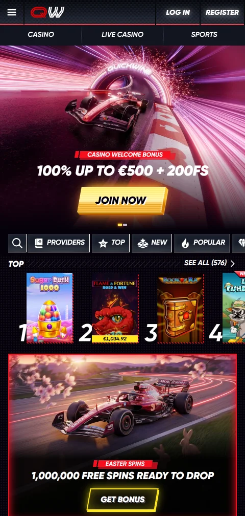 QuickWin Casino no browser do telemóvel com mesas em direto da Evolution