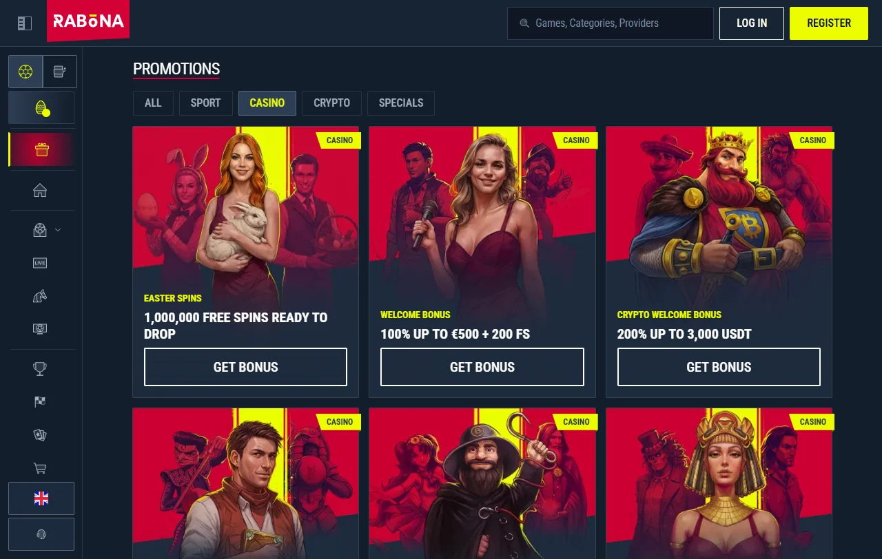 Catálogo de slots e mesas ao vivo do Rabona Casino com estúdios Pragmatic Play