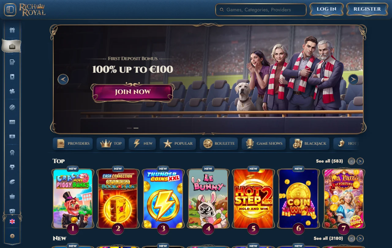 Página inicial do RichRoyal Casino com promoções e categorias de jogo em destaque
