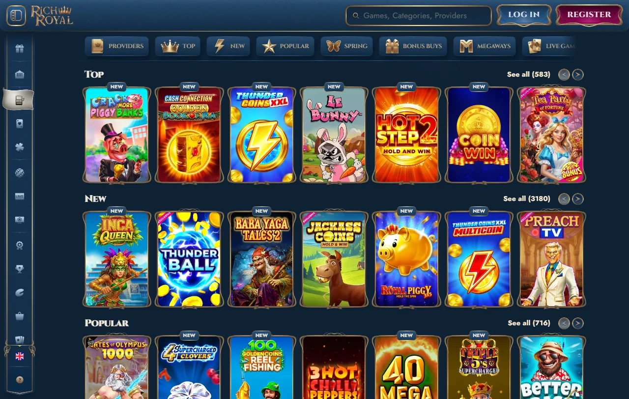 Catálogo de slots e mesas do RichRoyal Casino com filtros por fornecedor