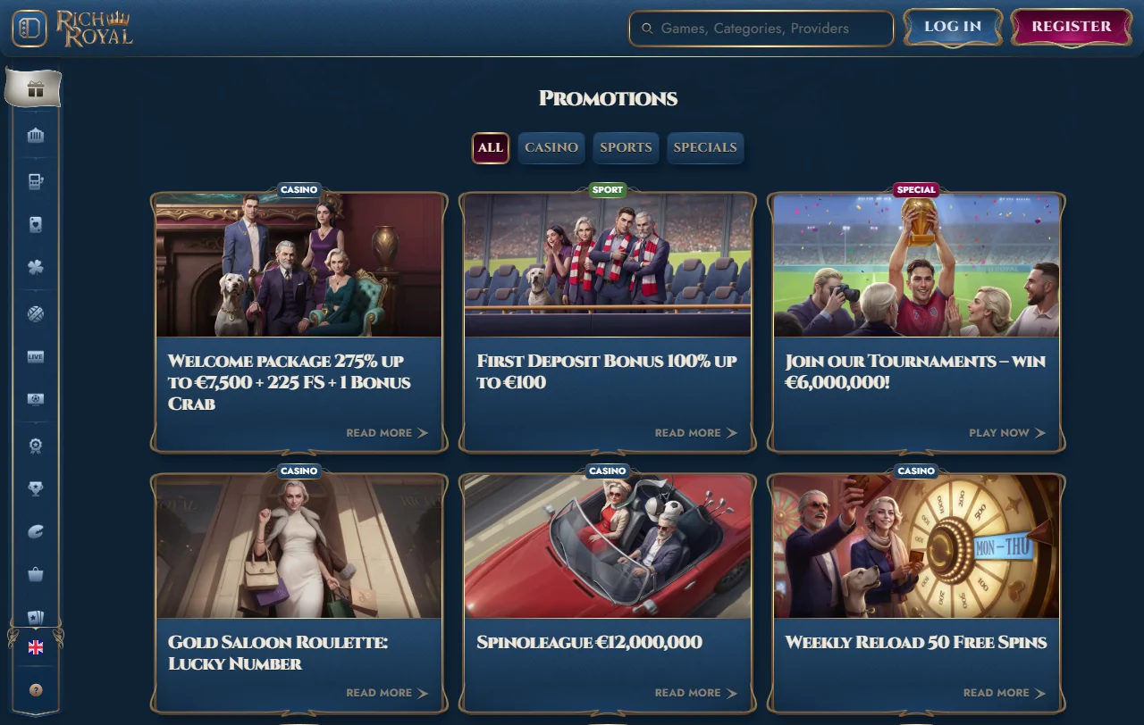 Condições do pacote de boas-vindas do RichRoyal Casino com wagering e prazos