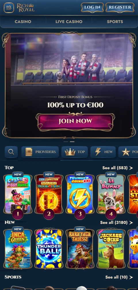 RichRoyal Casino em ecrã de telemóvel com catálogo em coluna única