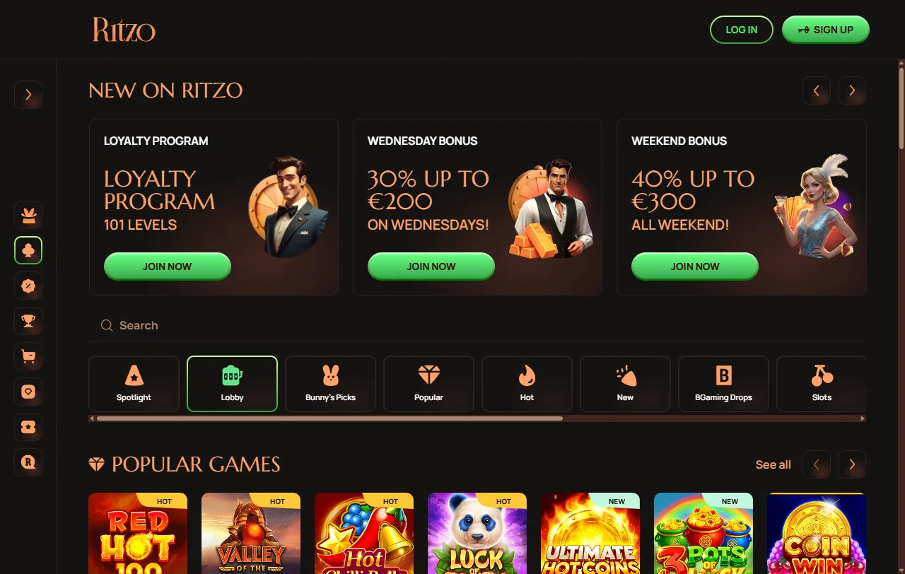 Página inicial do Ritzo Casino com tema dos anos vinte e categorias no topo