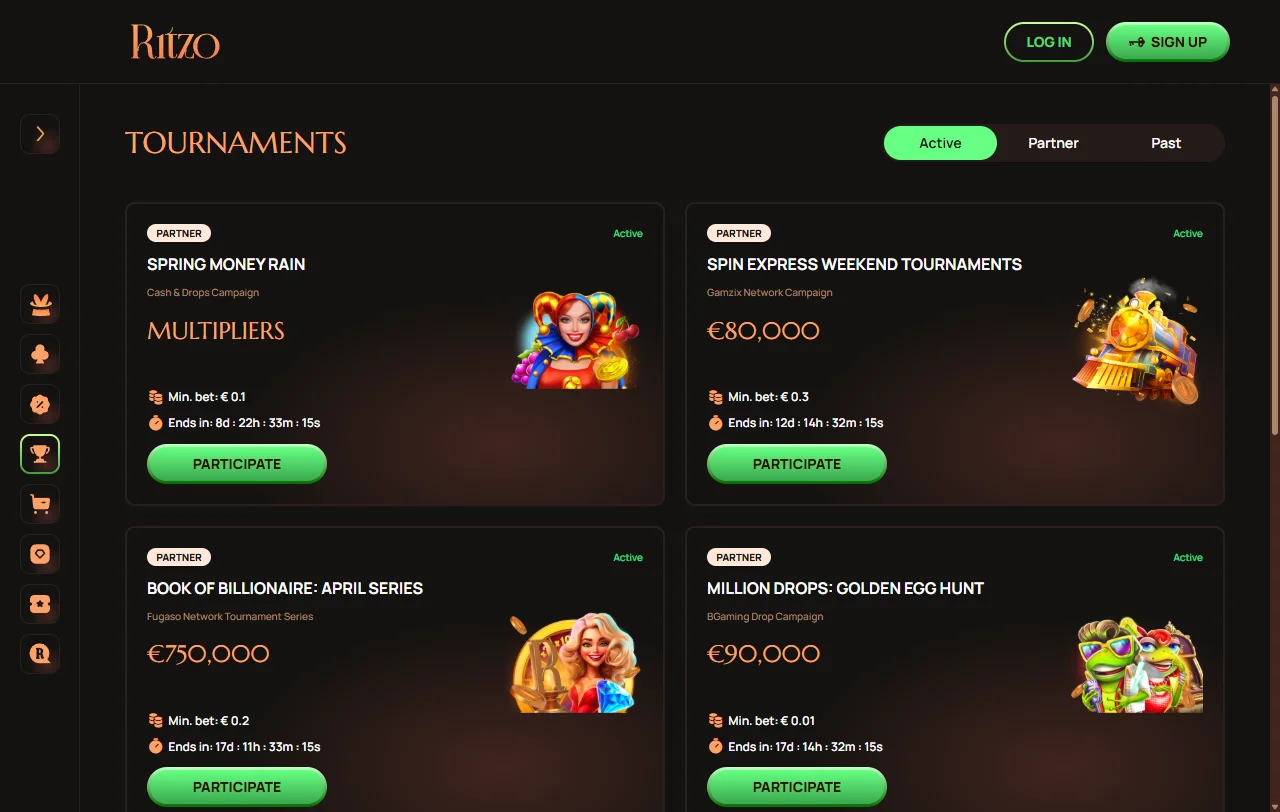 Catálogo de slots do Ritzo Casino com títulos da Pragmatic Play e da BGaming