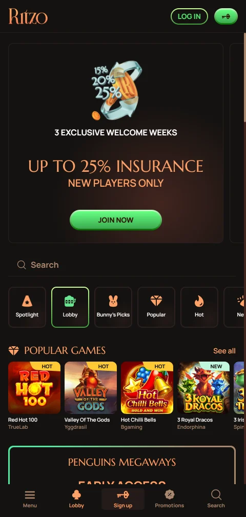 Lobby responsivo do Ritzo Casino em coluna única num telemóvel Android
