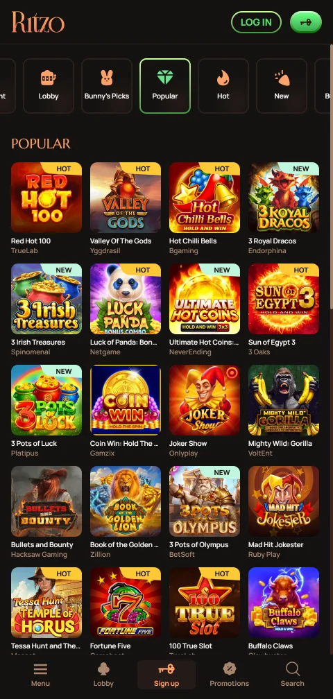 Área de conta do Ritzo Casino com limites de sessão e verificação de identidade