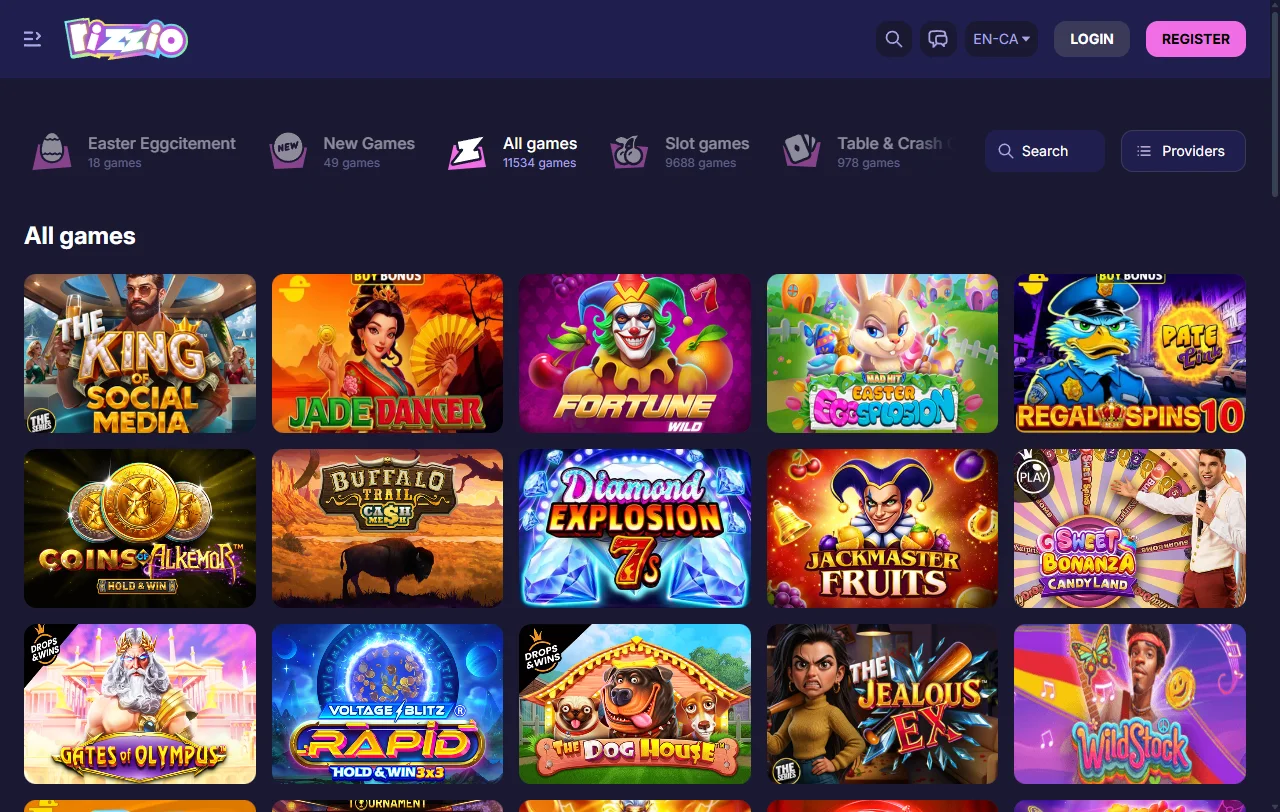 Catálogo de mais de 13.000 jogos e 100 estúdios no Rizzio Casino