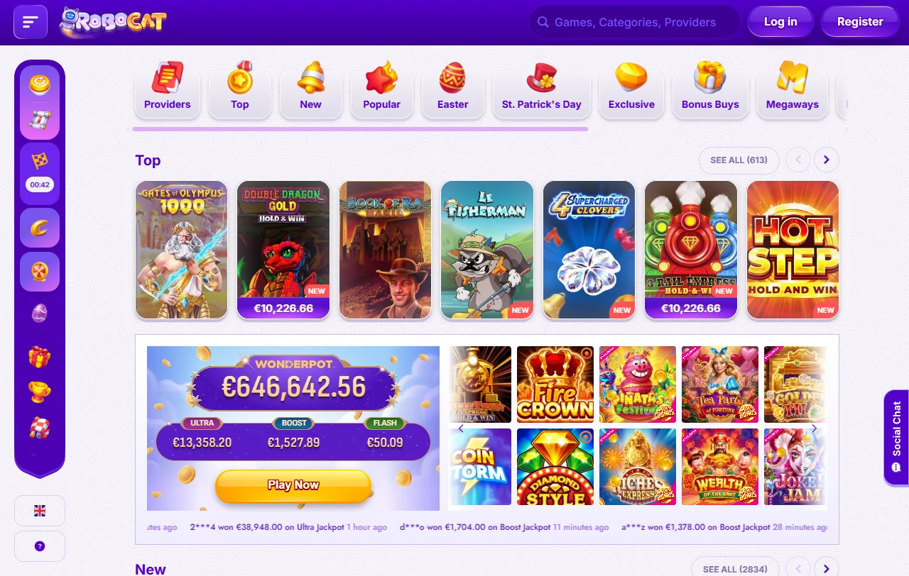 Bónus de boas-vindas do RoboCat Casino, 100% até 500 € e free spins