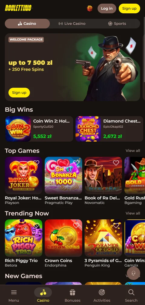 Roulettino Casino em ecrã de telemóvel com o lobby ao vivo em formato vertical
